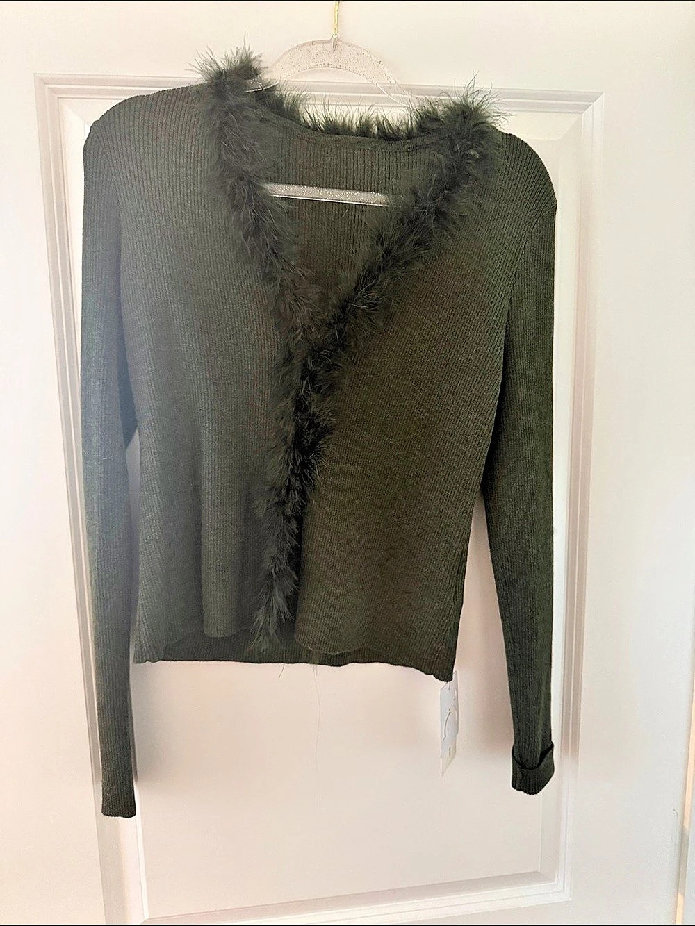 Green Feather Trim Sweater Like New